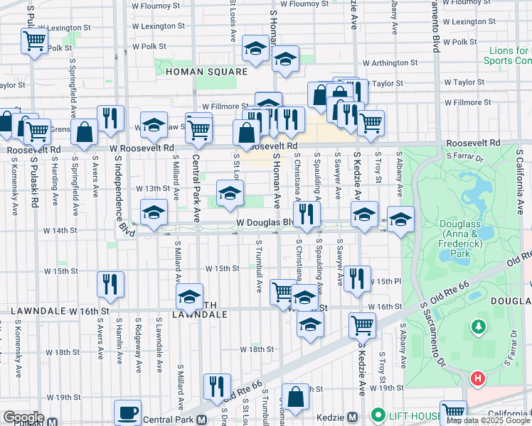 map of restaurants, bars, coffee shops, grocery stores, and more near 3414 West Douglas Boulevard in Chicago