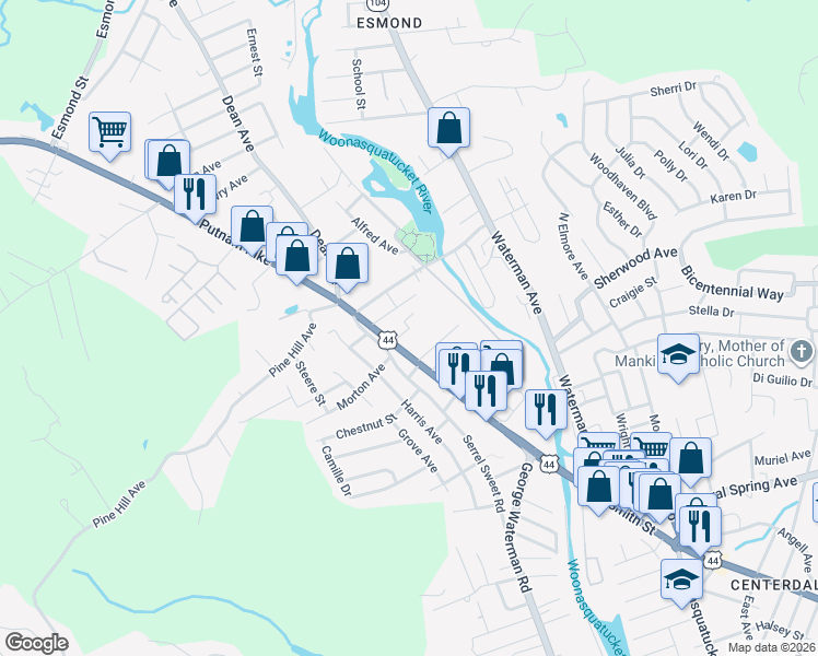map of restaurants, bars, coffee shops, grocery stores, and more near Norris Street in Johnston