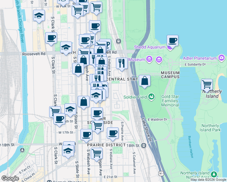 map of restaurants, bars, coffee shops, grocery stores, and more near 1436 South Prairie Avenue in Chicago