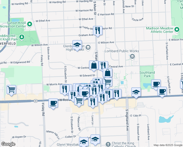 map of restaurants, bars, coffee shops, grocery stores, and more near 20 West Edward Street in Lombard
