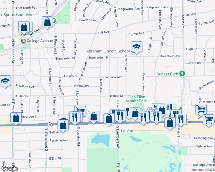 map of restaurants, bars, coffee shops, grocery stores, and more near 117 North Ott Avenue in Glen Ellyn