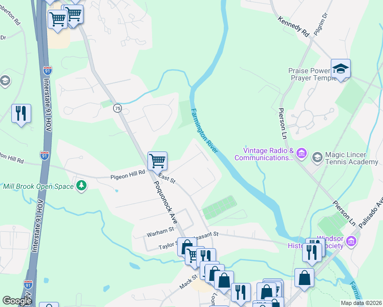 map of restaurants, bars, coffee shops, grocery stores, and more near 33 Greenfield Street in Windsor