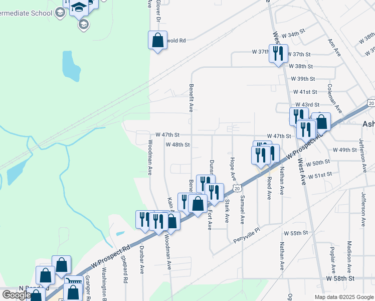 map of restaurants, bars, coffee shops, grocery stores, and more near 4805 Benefit Avenue in Ashtabula