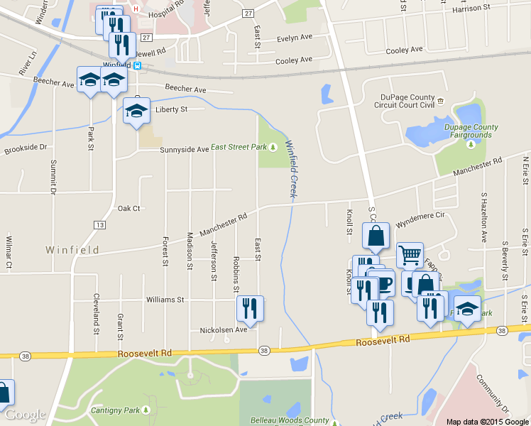 map of restaurants, bars, coffee shops, grocery stores, and more near 27W121 Manchester Road in Winfield
