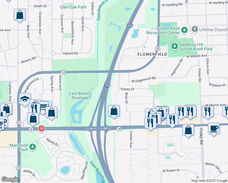 map of restaurants, bars, coffee shops, grocery stores, and more near 114 Surrey Drive in Glen Ellyn