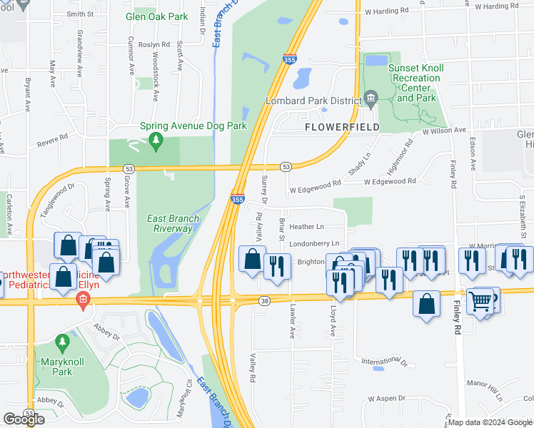 map of restaurants, bars, coffee shops, grocery stores, and more near 105 Surrey Drive in Glen Ellyn