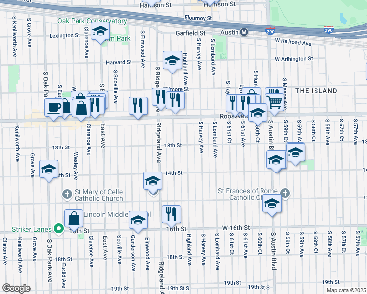 map of restaurants, bars, coffee shops, grocery stores, and more near 1302 Highland Ave in Berwyn