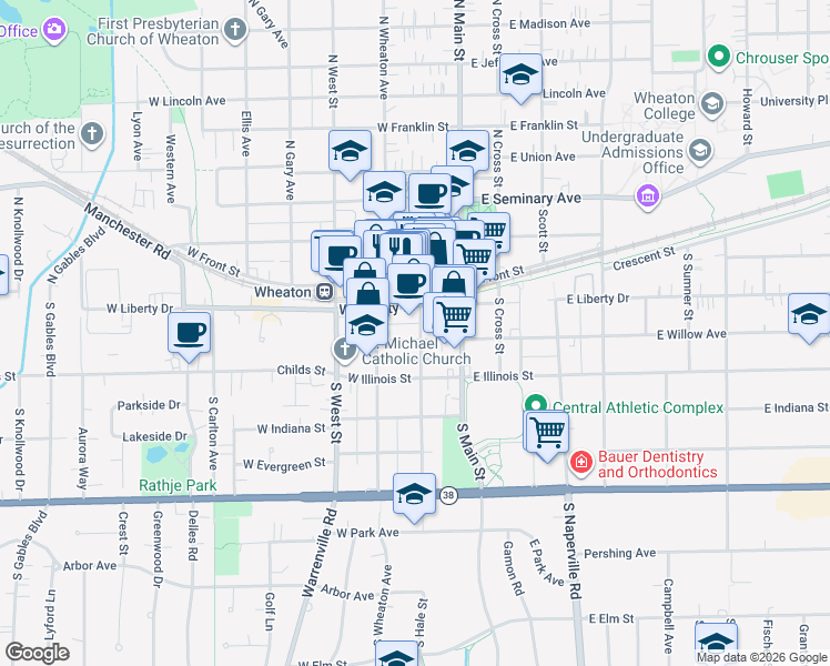 map of restaurants, bars, coffee shops, grocery stores, and more near 201 West Willow Avenue in Wheaton