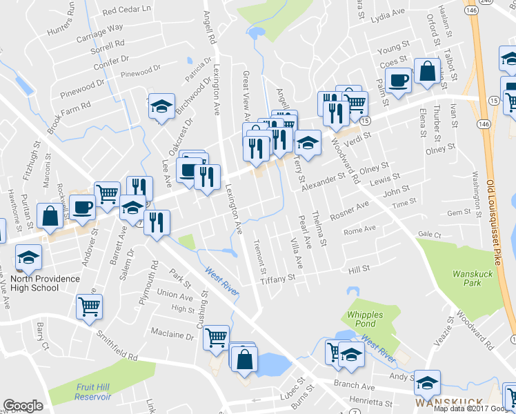 map of restaurants, bars, coffee shops, grocery stores, and more near 85 Alexander Street in North Providence