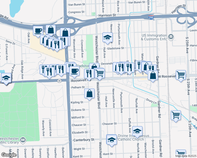 map of restaurants, bars, coffee shops, grocery stores, and more near W Roosevelt Rd & Westchester Blvd in Westchester