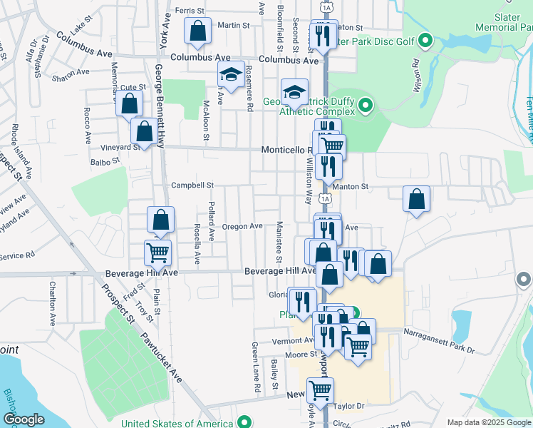 map of restaurants, bars, coffee shops, grocery stores, and more near 21 Miles Avenue in Pawtucket
