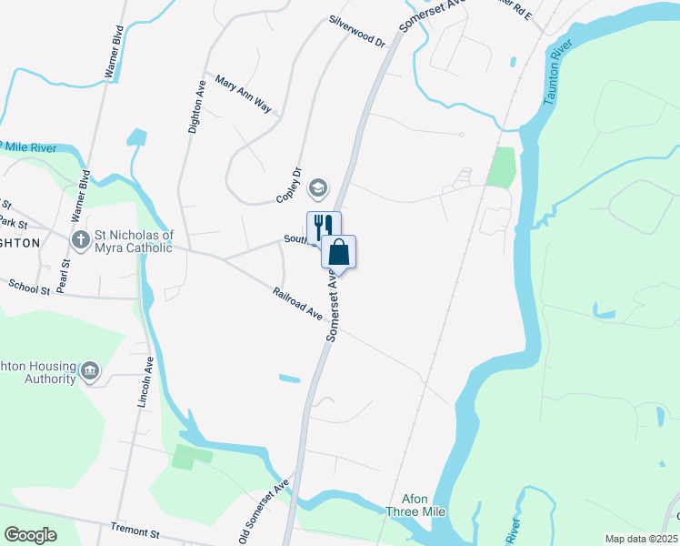 map of restaurants, bars, coffee shops, grocery stores, and more near 1432 Somerset Avenue in Taunton