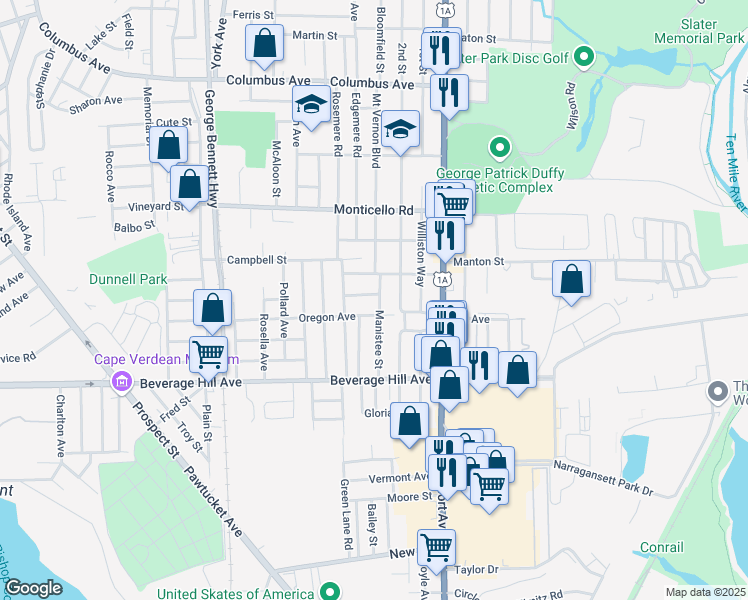 map of restaurants, bars, coffee shops, grocery stores, and more near 21 Miles Avenue in Pawtucket