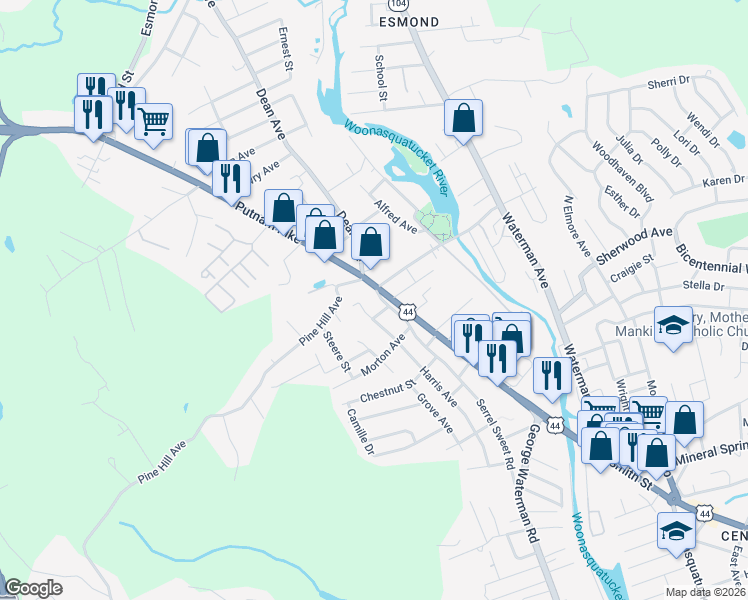 map of restaurants, bars, coffee shops, grocery stores, and more near 114 Serrel Sweet Road in Johnston