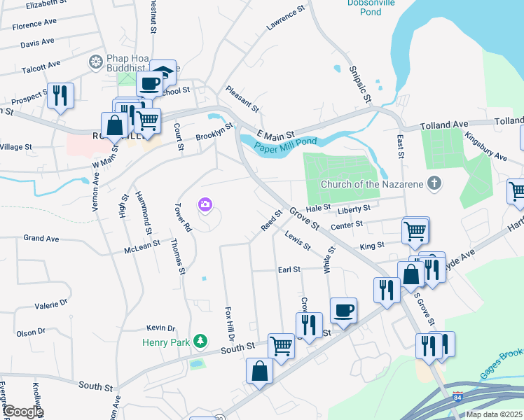 map of restaurants, bars, coffee shops, grocery stores, and more near 25 Maiden Lane in Vernon