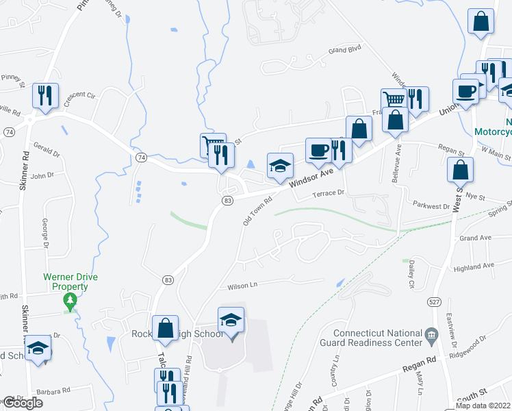 map of restaurants, bars, coffee shops, grocery stores, and more near 85 Old Town Road in Vernon