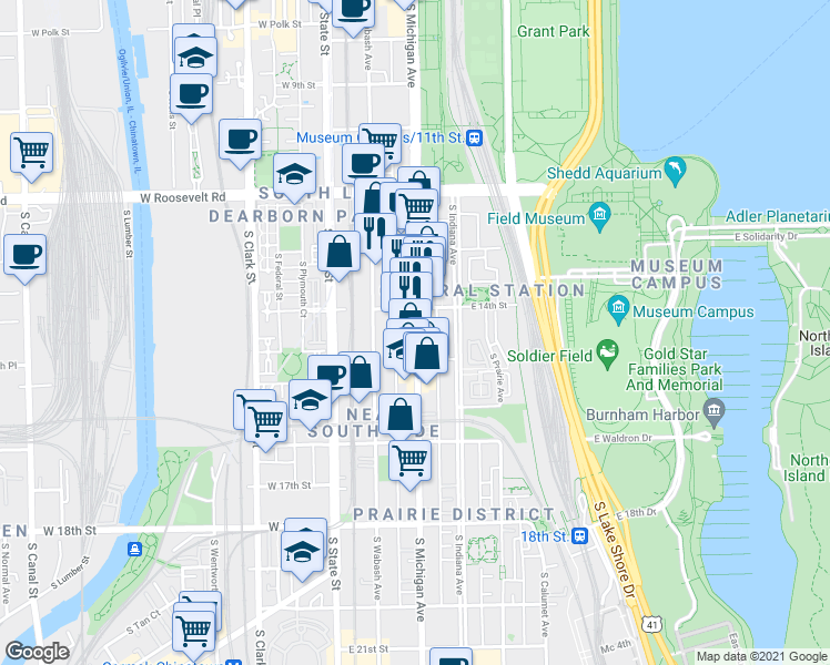 map of restaurants, bars, coffee shops, grocery stores, and more near 1416 Michigan Avenue in Chicago