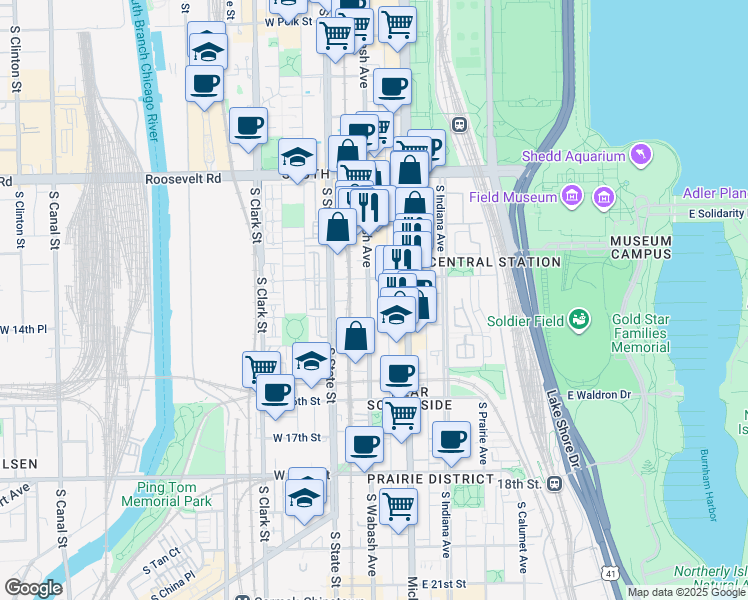 map of restaurants, bars, coffee shops, grocery stores, and more near 1421 South Wabash Avenue in Chicago