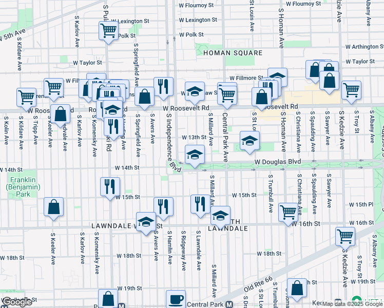 map of restaurants, bars, coffee shops, grocery stores, and more near 1328 South Lawndale Avenue in Chicago