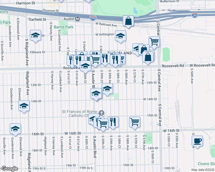 map of restaurants, bars, coffee shops, grocery stores, and more near 1301 South 59th Court in Cicero