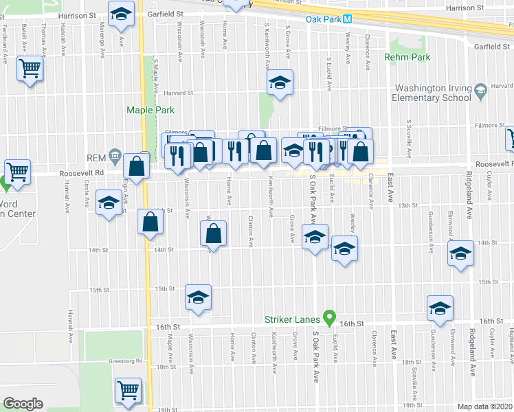 map of restaurants, bars, coffee shops, grocery stores, and more near 1244 Kenilworth Avenue in Berwyn