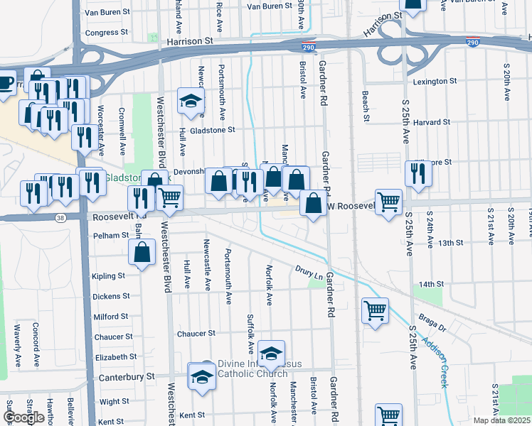 map of restaurants, bars, coffee shops, grocery stores, and more near 9941 Roosevelt Road in Westchester