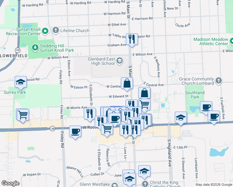 map of restaurants, bars, coffee shops, grocery stores, and more near 44 West Edward Street in Lombard