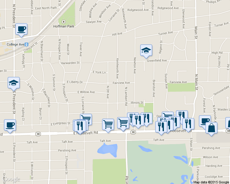 map of restaurants, bars, coffee shops, grocery stores, and more near 117 North Ott Avenue in Glen Ellyn
