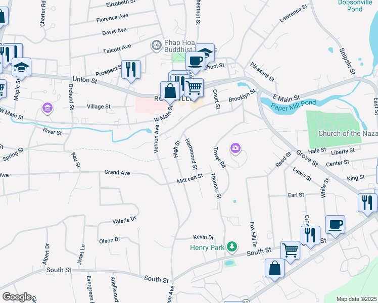 map of restaurants, bars, coffee shops, grocery stores, and more near 22 Hammond Street in Vernon