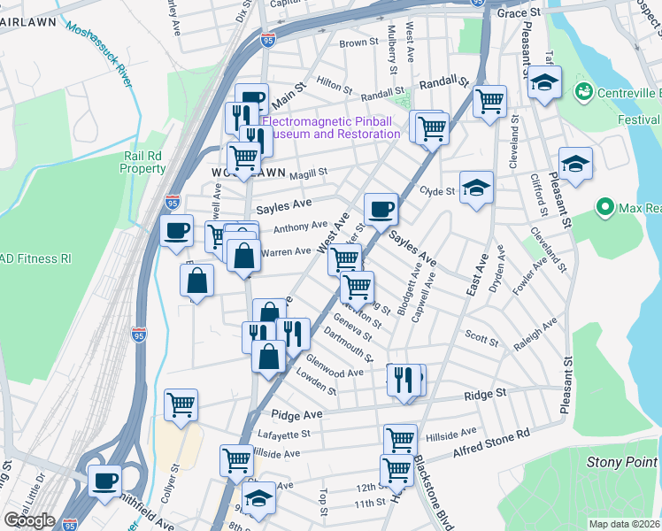 map of restaurants, bars, coffee shops, grocery stores, and more near 28 Warren Avenue in Pawtucket