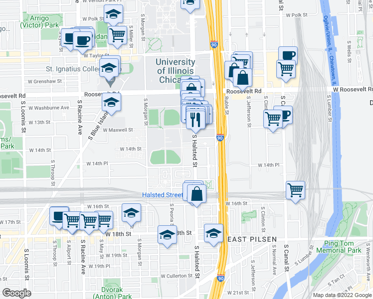 map of restaurants, bars, coffee shops, grocery stores, and more near 828 West 14th Place in Chicago