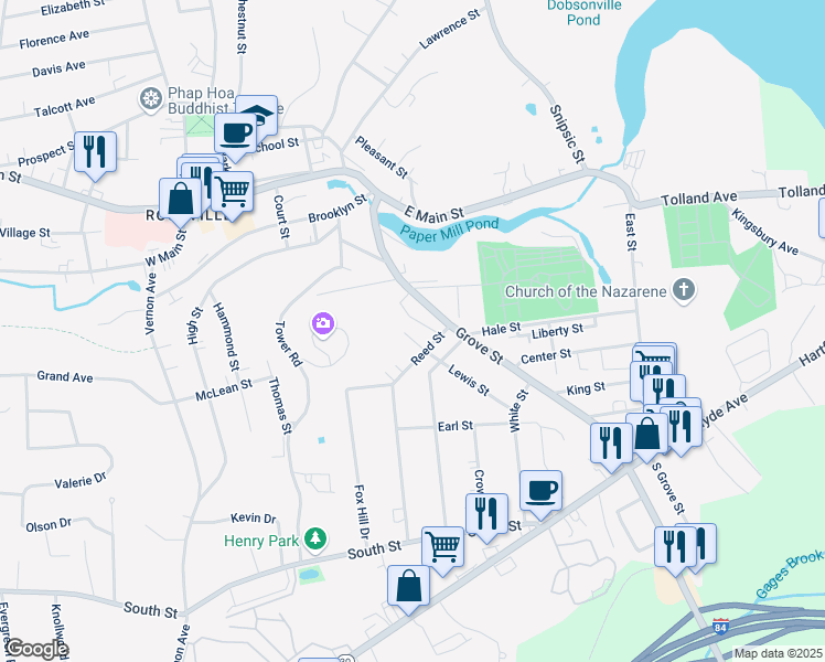 map of restaurants, bars, coffee shops, grocery stores, and more near 25 Maiden Lane in Vernon