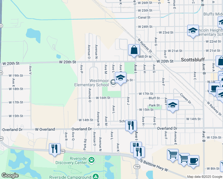 map of restaurants, bars, coffee shops, grocery stores, and more near 1722 Avenue K in Scottsbluff