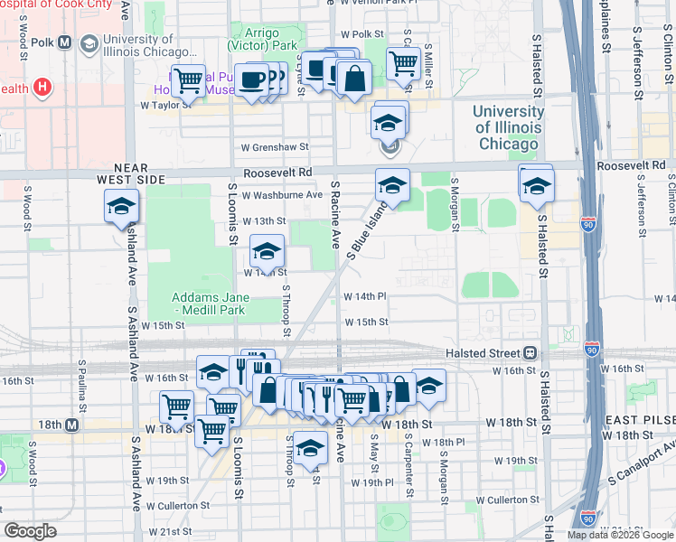 map of restaurants, bars, coffee shops, grocery stores, and more near South Racine Avenue & West 14th Street in Chicago