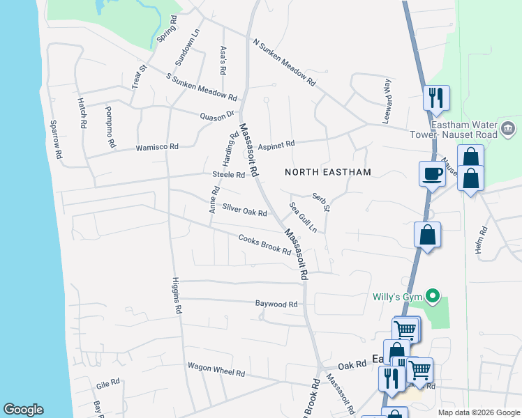 map of restaurants, bars, coffee shops, grocery stores, and more near 1090 Massasoit Road in Eastham