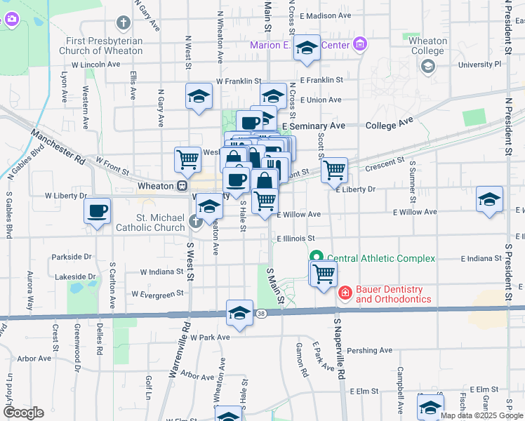 map of restaurants, bars, coffee shops, grocery stores, and more near 107 West Willow Avenue in Wheaton