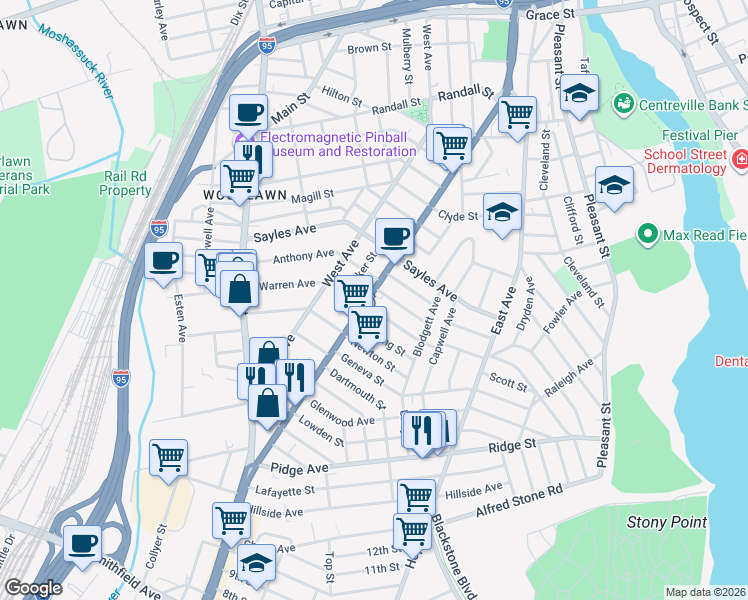 map of restaurants, bars, coffee shops, grocery stores, and more near 422 Pawtucket Avenue in Pawtucket