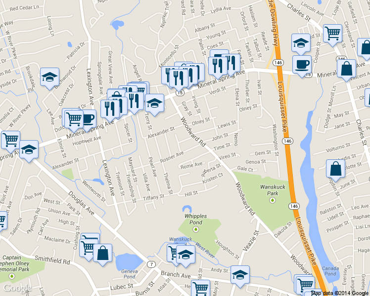 map of restaurants, bars, coffee shops, grocery stores, and more near 19 Rosner Avenue in North Providence