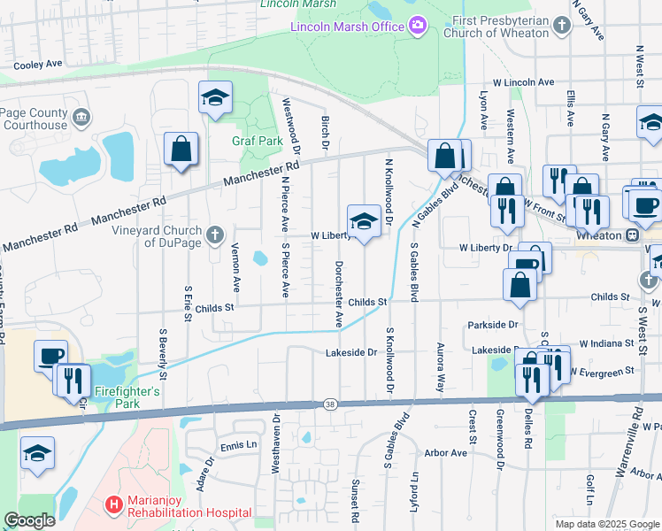 map of restaurants, bars, coffee shops, grocery stores, and more near 206 South Dorchester Avenue in Wheaton