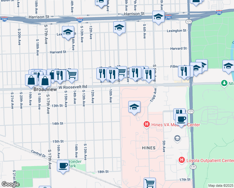 map of restaurants, bars, coffee shops, grocery stores, and more near 2226 South 9th Avenue in Broadview
