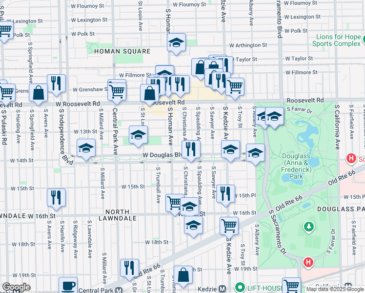 map of restaurants, bars, coffee shops, grocery stores, and more near 1334 South Christiana Avenue in Chicago