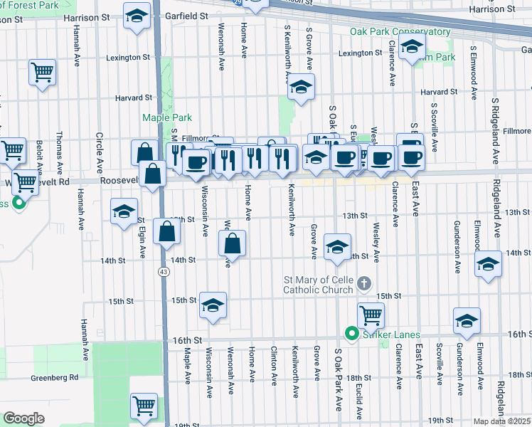 map of restaurants, bars, coffee shops, grocery stores, and more near 1244 Clinton Avenue in Berwyn