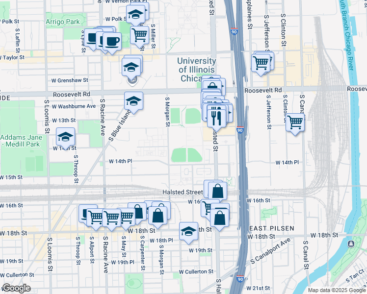 map of restaurants, bars, coffee shops, grocery stores, and more near 1439 South Morgan Street in Chicago