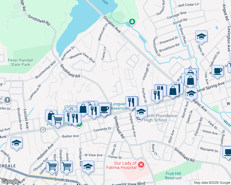 map of restaurants, bars, coffee shops, grocery stores, and more near 132 Oak Park Drive in North Providence
