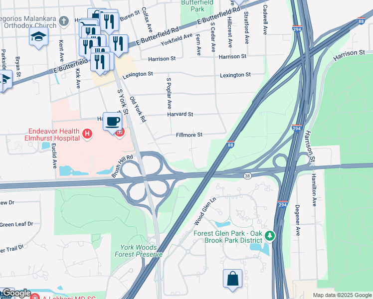 map of restaurants, bars, coffee shops, grocery stores, and more near S726 Linden Avenue in Elmhurst