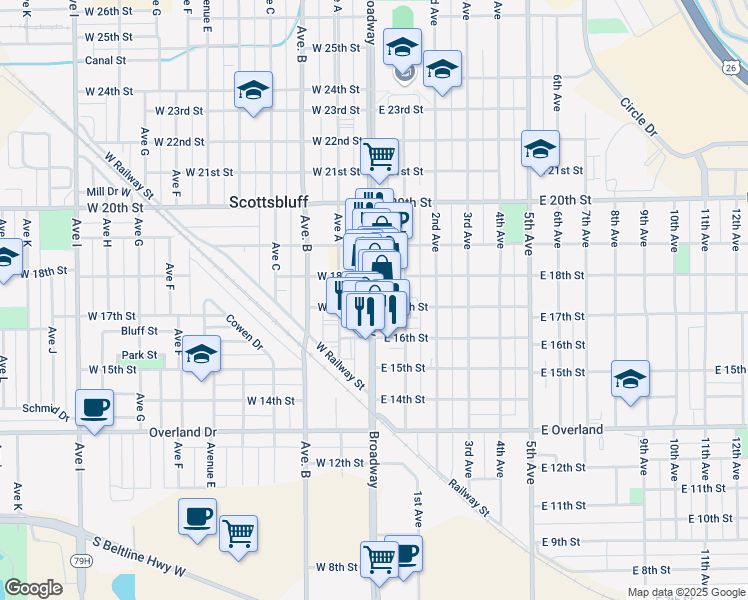 map of restaurants, bars, coffee shops, grocery stores, and more near 1721 Broadway in Scottsbluff