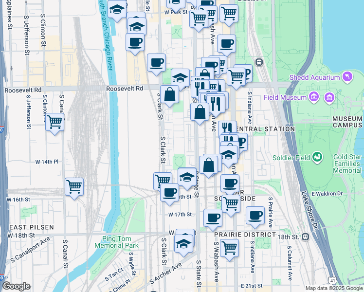 map of restaurants, bars, coffee shops, grocery stores, and more near 1416 South Plymouth Court in Chicago