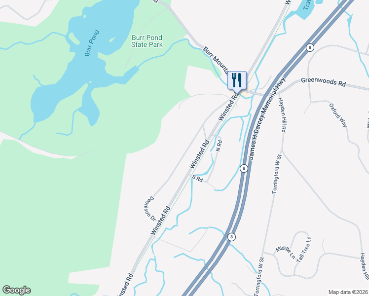 map of restaurants, bars, coffee shops, grocery stores, and more near 295 Dennison Drive in Torrington
