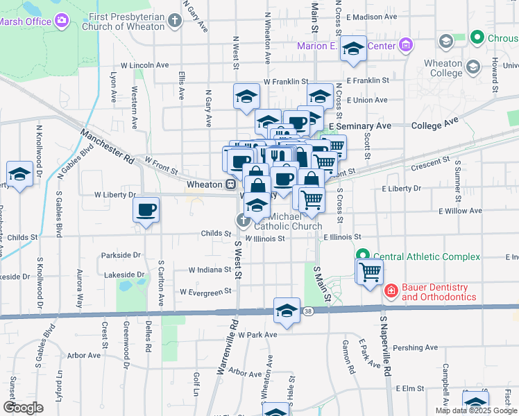 map of restaurants, bars, coffee shops, grocery stores, and more near 216 South Wheaton Avenue in Wheaton
