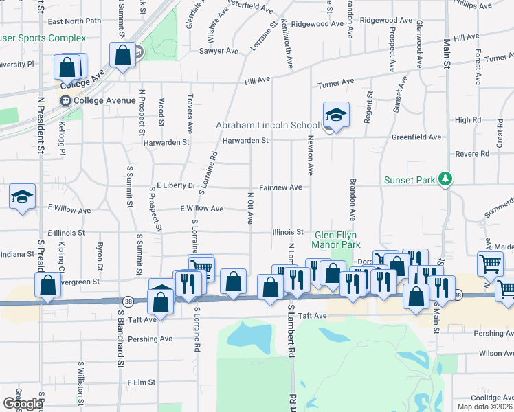 map of restaurants, bars, coffee shops, grocery stores, and more near 117 North Ott Avenue in Glen Ellyn